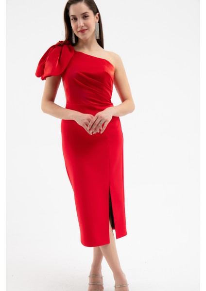 Kadın Kırmızı Organze Detay Midi Söz Nişan Nikah Abiye Elbise modelleri