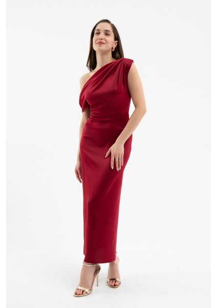 Kadın Bordo Degaje Yaka Yırtmaçlı Saten Midi Elbise fiyatları