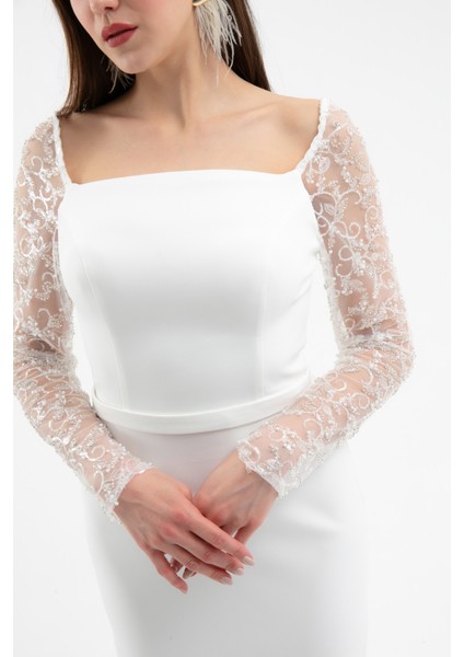 Kadın Beyaz Kol Detaylı Söz Nişan Nikah Abiye Elbise fırsatları