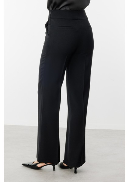 Beli Tokalı Bol Paça Pantolon Siyah 02032 modelleri