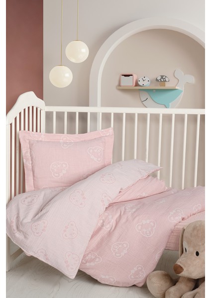 Bebek Müslin %100 Pamuk Jakarlı Nevresim Takımı - Bear Pembe