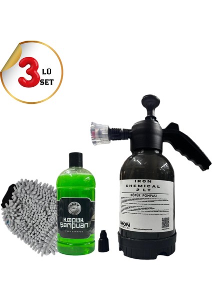 Iron Chemıcal Köpük ve Kimyasal Pompası 2l, Cilalı Şampuan 1l & Mikrofiber Yıkama Eldiveni 3'lü Set | Araç Bakım Seti
