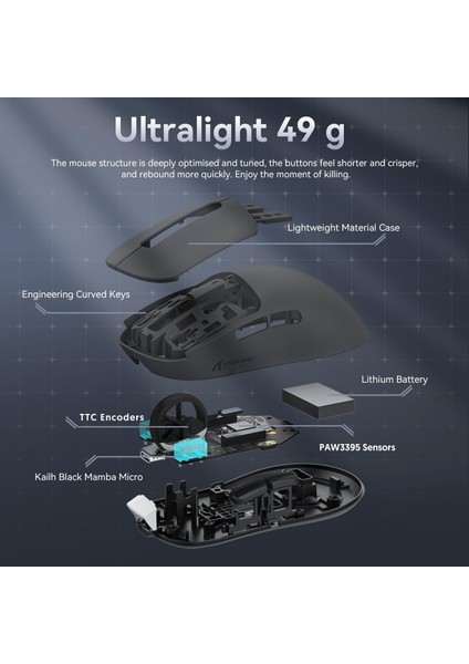 Attack Shark X3 Ultra Black Siyah Kablosuz Süper Hafif App Uygulamalı Tri-Mode Gaming Oyuncu Mouse