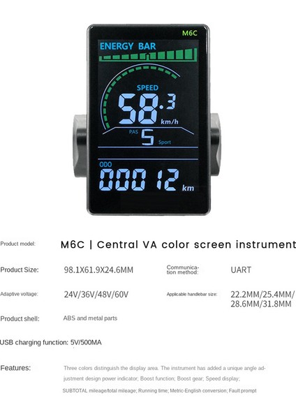 M6C Elektrikli Bisiklet LCD Ekran Ölçer 24V-60V E Scooter Dağ Elektrikli Bisiklet Için USB ile LCD Panel Renkli Ekran (5pın) (Yurt Dışından)