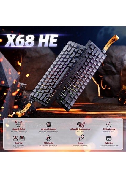 Attack Shark X68HE Rapid Trigger 0.125MS Manyatik Switch Rgb App Uygulamalı Gaming Oyuncu Klavye