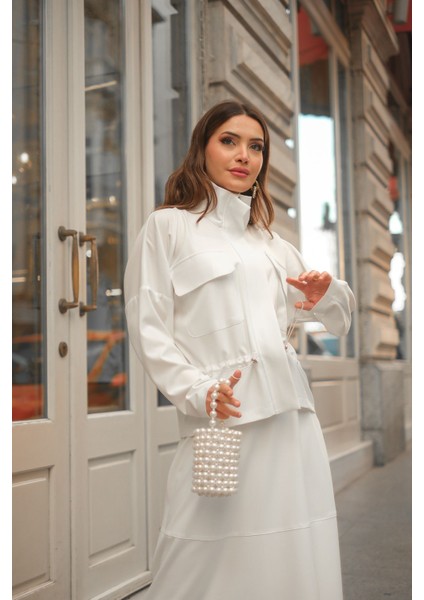 Qimene Kadın Beli Bağcıklı Iri Cepli Ceketli Uzun Etekli Ikili Takım