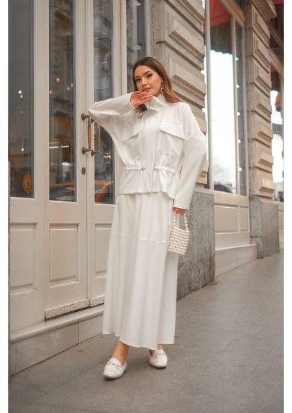 Qimene Kadın Beli Bağcıklı Iri Cepli Ceketli Uzun Etekli Ikili Takım indirimleri