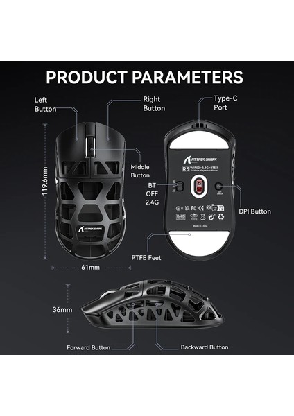 Attack Shark R3 Magnezyum Alaşımlı App Uygulamalı 8khz Ultra Hız Tepki 26.000DPI Gaming Oyuncu Mouse