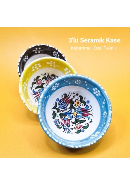 3'lü Çini Motifli Seramik Kase Sunumluk & Çerezlik %100 El Yapımı Kabartma Tekniği