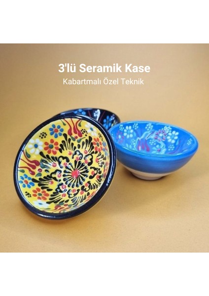 3'lü Çini Motifli Seramik Kase Sunumluk & Çerezlik %100 El Yapımı Kabartma Tekniği