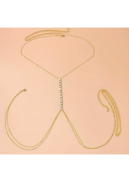 Gömme Gold Zirkon Taşlı Vücut Aksesuarı, Vücut Takısı, Su Yolu Detaylı Vücut Zinciri fırsatları