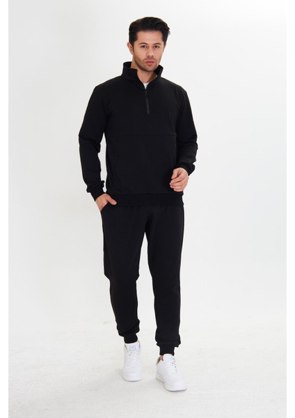 Yarım Fermuarlı Pamuklu Erkek Eşofman Takımı Siyah 5709-S