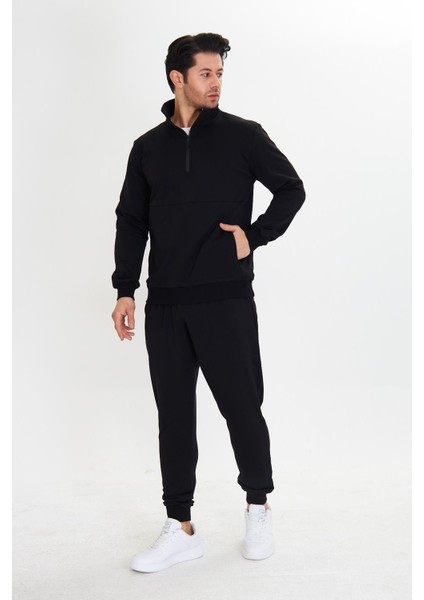 Yarım Fermuarlı Pamuklu Erkek Eşofman Takımı Siyah 5709-S modelleri