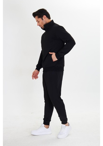 Yarım Fermuarlı Pamuklu Erkek Eşofman Takımı Siyah 5709-S indirimleri