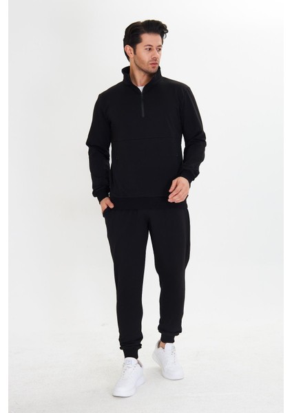 Yarım Fermuarlı Pamuklu Erkek Eşofman Takımı Siyah 5709-S fiyatları