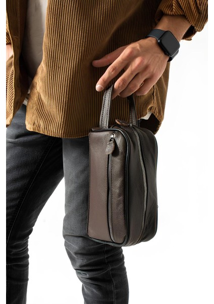 Kahverengi Erkek Tıraş ve Bakım Çantası, Hakiki Deri, Şık ve Kullanışlı Orta Boy