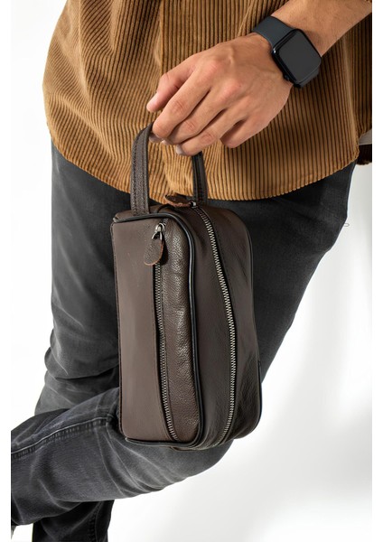 Kahverengi Erkek Tıraş ve Bakım Çantası, Hakiki Deri, Şık ve Kullanışlı Orta Boy fiyatları