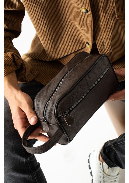 Kahverengi Erkek Tıraş ve Bakım Çantası, Hakiki Deri, Şık ve Kullanışlı Orta Boy indirimleri