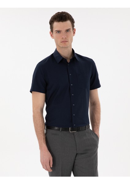 Erkek Lacivert Basic Regular Fit Kısa Kollu Cepli Gömlek 50307003-VR033