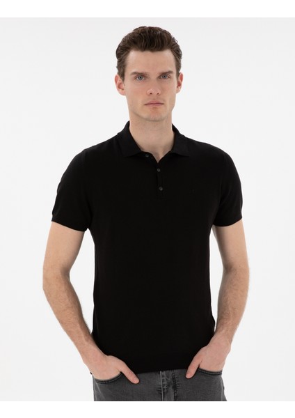 Erkek Siyah Slim Fit Düğmeli Polo Yaka Triko Tişört 50307320-VR046
