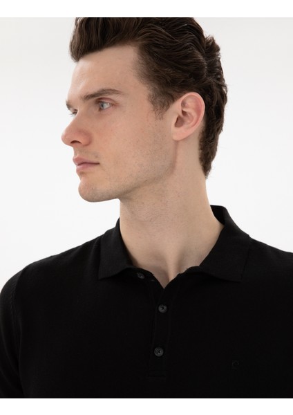 Erkek Siyah Slim Fit Düğmeli Polo Yaka Triko Tişört 50307320-VR046