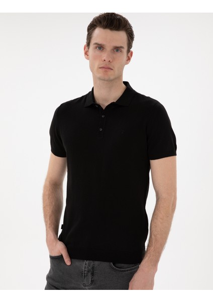 Erkek Siyah Slim Fit Düğmeli Polo Yaka Triko Tişört 50307320-VR046