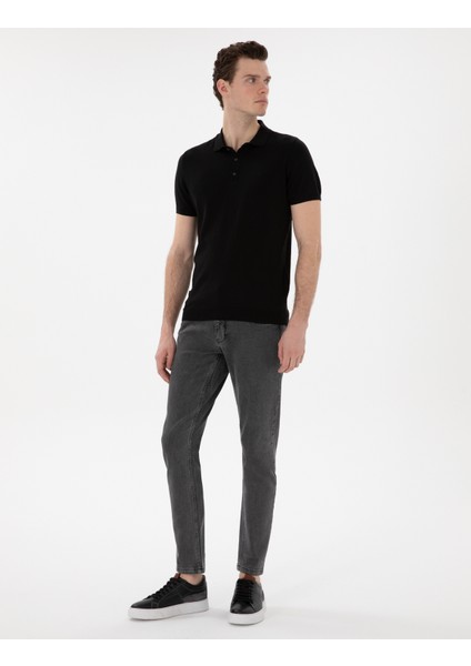 Erkek Siyah Slim Fit Düğmeli Polo Yaka Triko Tişört 50307320-VR046