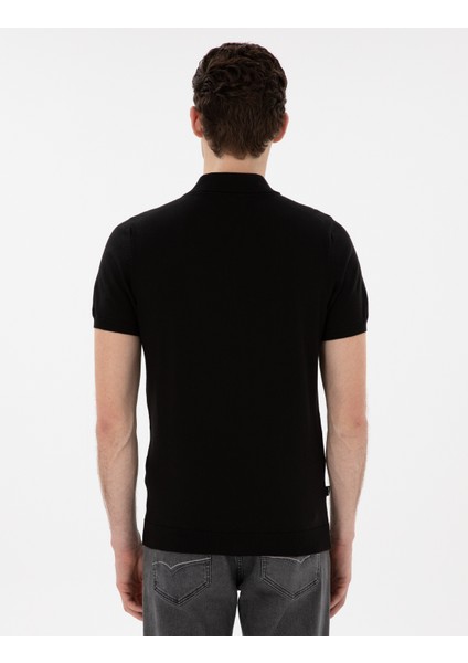 Erkek Siyah Slim Fit Düğmeli Polo Yaka Triko Tişört 50307320-VR046