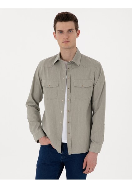 Erkek Açık Haki Slim Fit Uzun Kollu Jean Gömlek 50305630-VR183