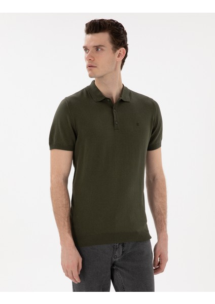 Erkek Haki Slim Fit Düğmeli Polo Yaka Triko Tişört 50307320-VR027