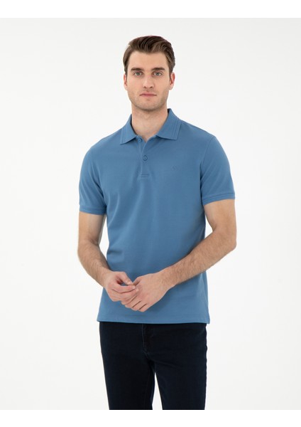 Erkek Koyu Mavi Slim Fit %100 Pamuk Polo Yaka Basic Tişört 50306448-VR032