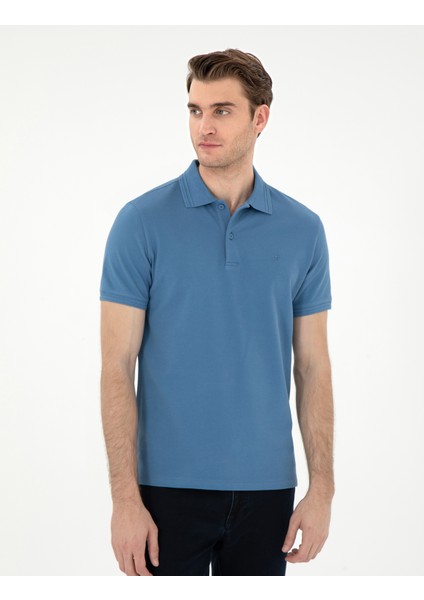 Erkek Koyu Mavi Slim Fit %100 Pamuk Polo Yaka Basic Tişört 50306448-VR032