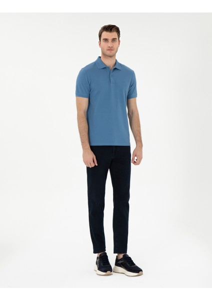 Erkek Koyu Mavi Slim Fit %100 Pamuk Polo Yaka Basic Tişört 50306448-VR032