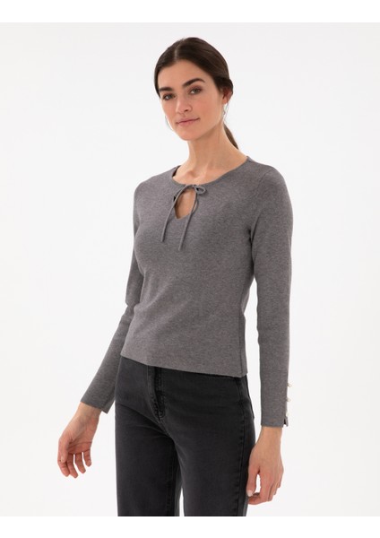 Kadın Gri Melanj Slim Fit Kazak 50290555-VR086