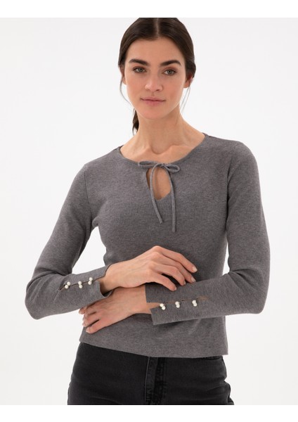 Kadın Gri Melanj Slim Fit Kazak 50290555-VR086
