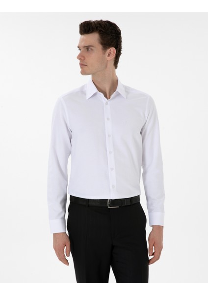 Erkek Beyaz Regular Fit Armürlü Uzun Kollu Gömlek 50303376-VR013