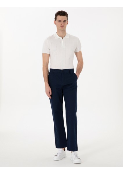 Erkek Lacivert Loose Fit Rahat Kalıp Keten Karışımlı Kanvas Pantolon 50305588-VR033