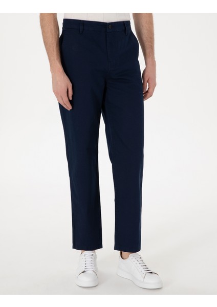 Erkek Lacivert Loose Fit Rahat Kalıp Keten Karışımlı Kanvas Pantolon 50305588-VR033