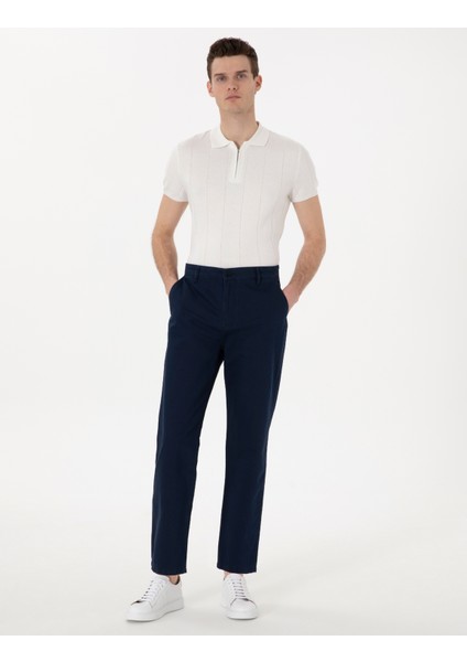 Erkek Lacivert Loose Fit Rahat Kalıp Keten Karışımlı Kanvas Pantolon 50305588-VR033