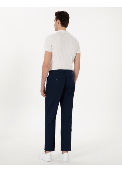 Erkek Lacivert Loose Fit Rahat Kalıp Keten Karışımlı Kanvas Pantolon 50305588-VR033