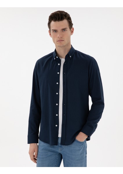 Erkek Lacivert Slim Fit Keten Görünümlü Gömlek 50302710-VR033