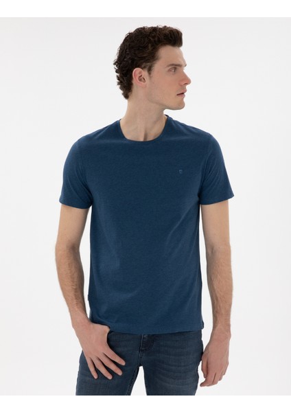 Erkek İndigo Melanj Pamuk Karışımlı Slim Fit Bisiklet Yaka Basic Tişört 50306980-VR155
