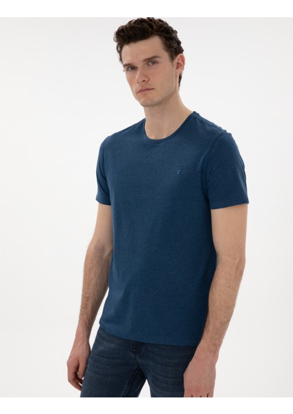 Erkek İndigo Melanj Pamuk Karışımlı Slim Fit Bisiklet Yaka Basic Tişört 50306980-VR155