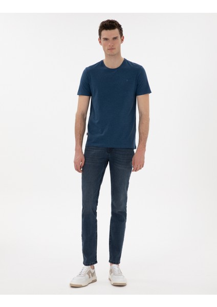 Erkek İndigo Melanj Pamuk Karışımlı Slim Fit Bisiklet Yaka Basic Tişört 50306980-VR155