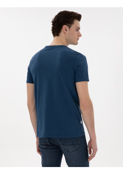 Erkek İndigo Melanj Pamuk Karışımlı Slim Fit Bisiklet Yaka Basic Tişört 50306980-VR155