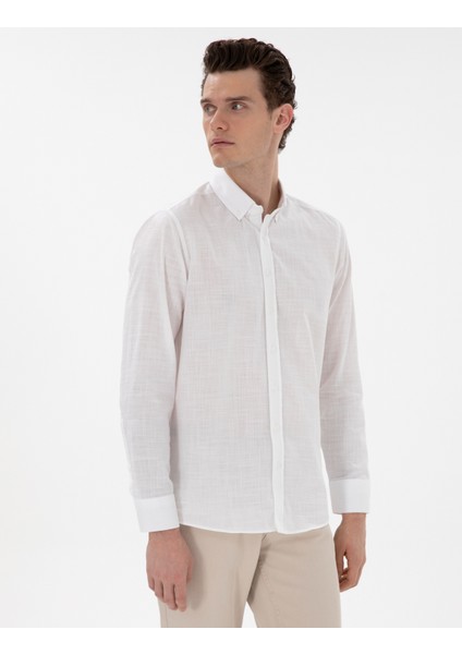 Erkek Beyaz Slim Fit Keten Görünümlü Gömlek 50302710-VR013