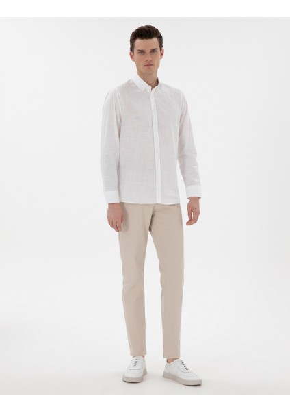 Erkek Beyaz Slim Fit Keten Görünümlü Gömlek 50302710-VR013 fırsatları