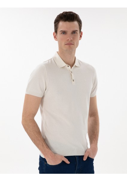 Erkek Ekru Slim Fit Düğmeli Polo Yaka Triko Tişört 50307320-VR019
