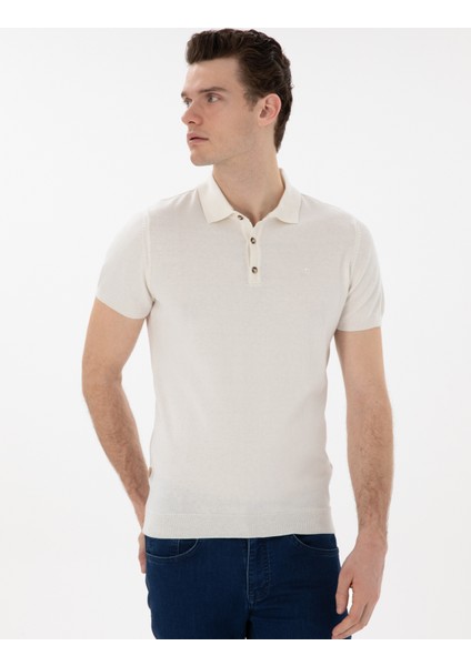 Erkek Ekru Slim Fit Düğmeli Polo Yaka Triko Tişört 50307320-VR019