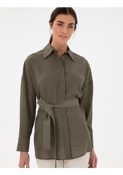 Kadın Haki Oversize Uzun Kollu Gömlek 50306501-VR027